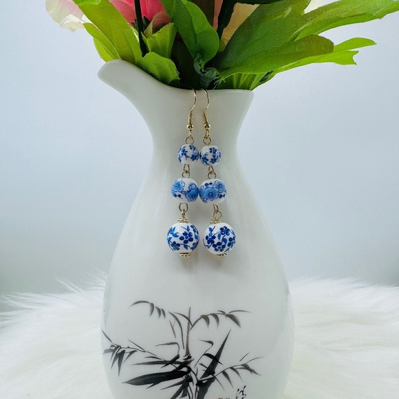 Dangling Vintage Chinese Style Earrings 3 Ceramic Porcelain Beads - Picture 1 of 4